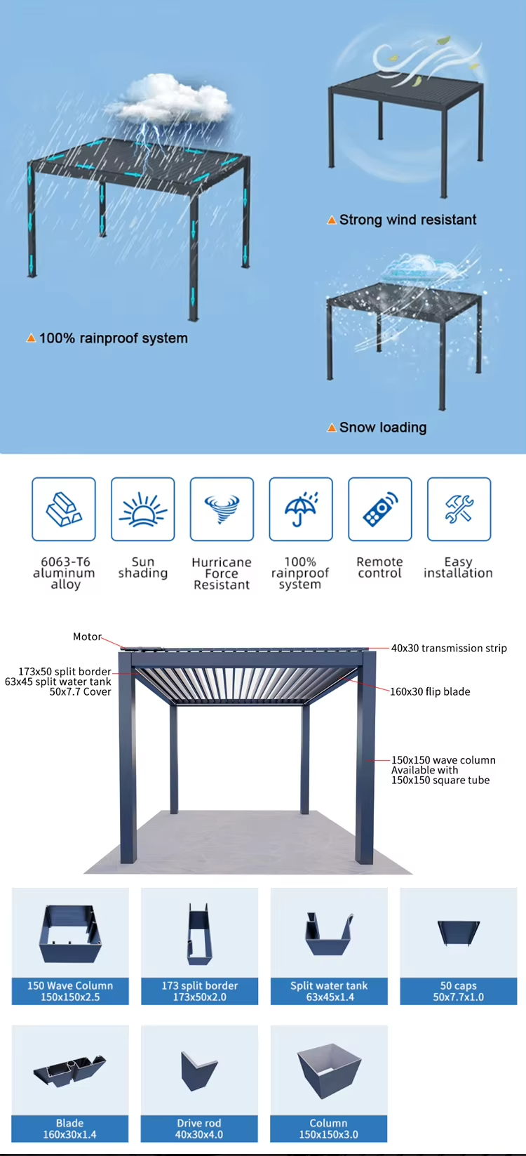 Anyhoo Custom Motorized Aluminum Alloy LED Light Pergola Gazebo